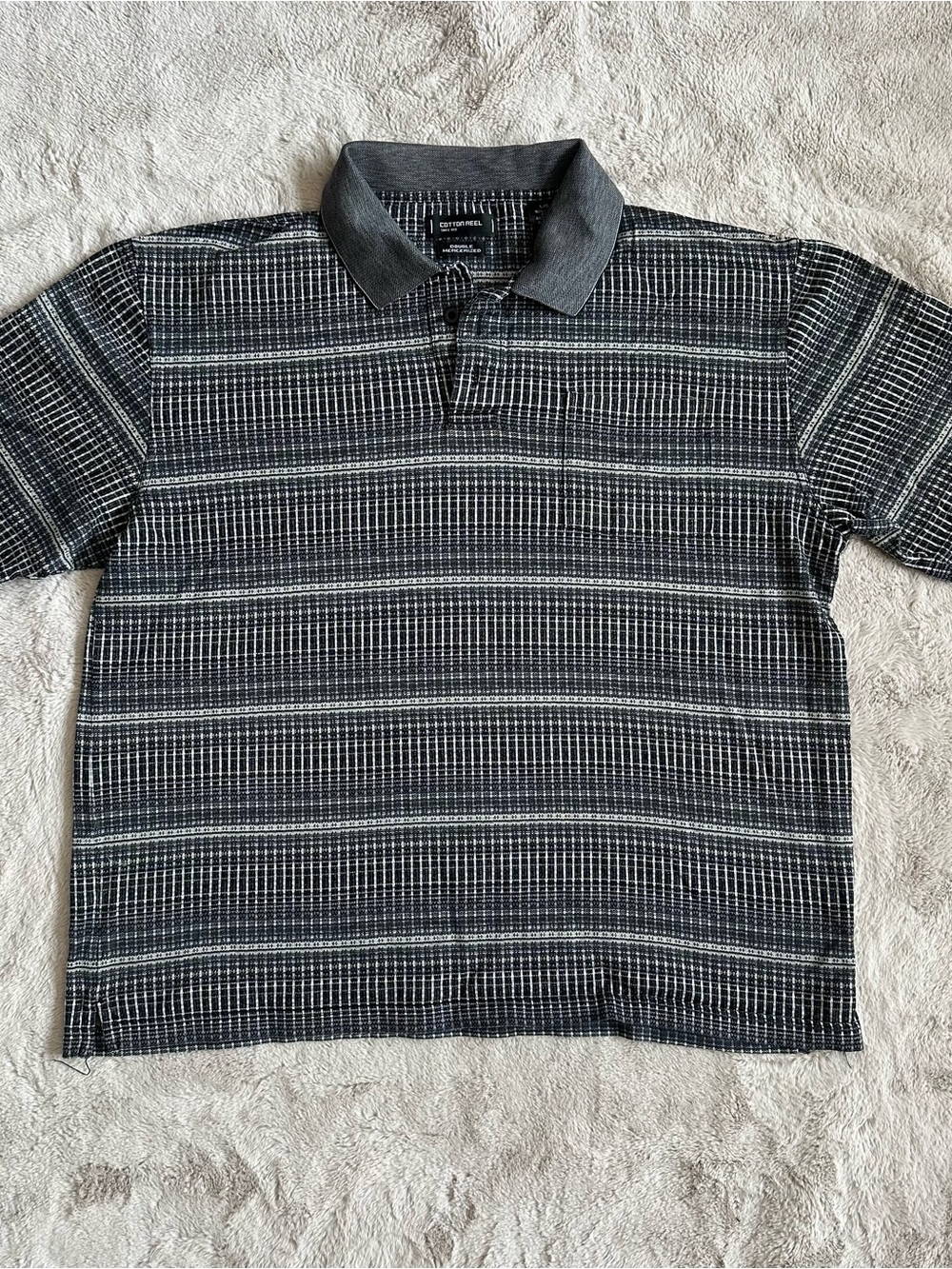 Cotton Reel Vintage Black & Gray Striped Polo, Size L